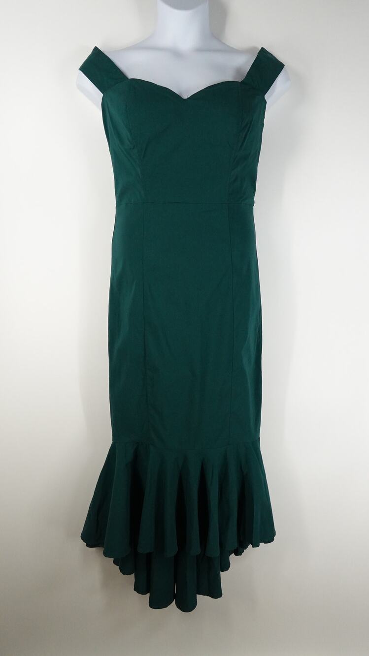 Collectif Vintage Women Dress XL US 12 Emerald Green Long Pin Up Fishtail Wiggle
